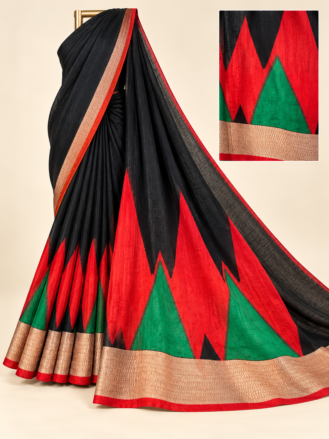 Elegant Black Saree with Red & Green Geometric Design