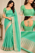 Elegant Sea Green Silk Cotton Saree with Gold Temple Border & Stitched Padded Blouse
