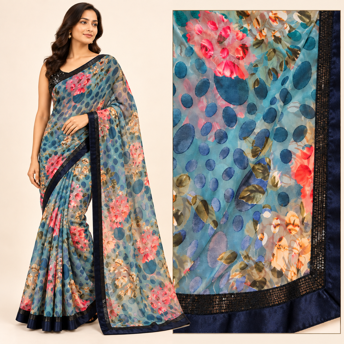 Elegant Sky Blue Floral & Polka Dot Saree with Navy Blue Border