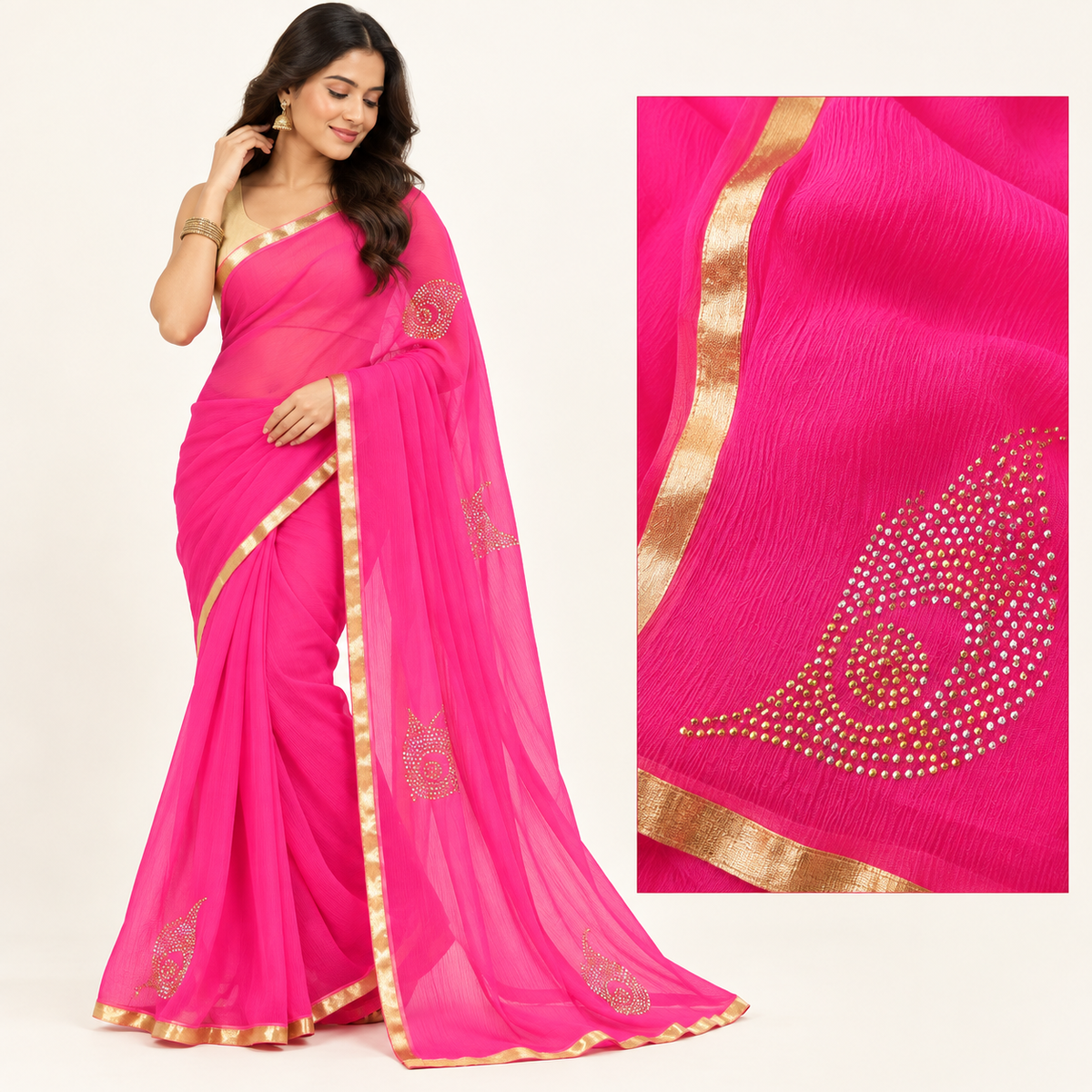 Hot Pink Georgette-Style Saree with Gold Paisley Embellishments