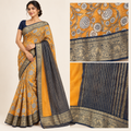 Mustard Yellow Floral Saree with Navy Blue & Antique Gold Border