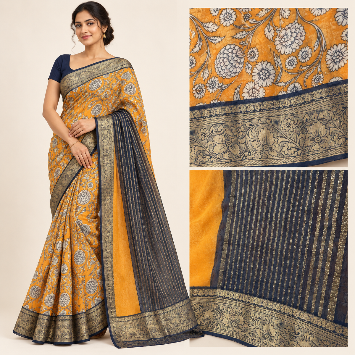 Mustard Yellow Floral Saree with Navy Blue & Antique Gold Border