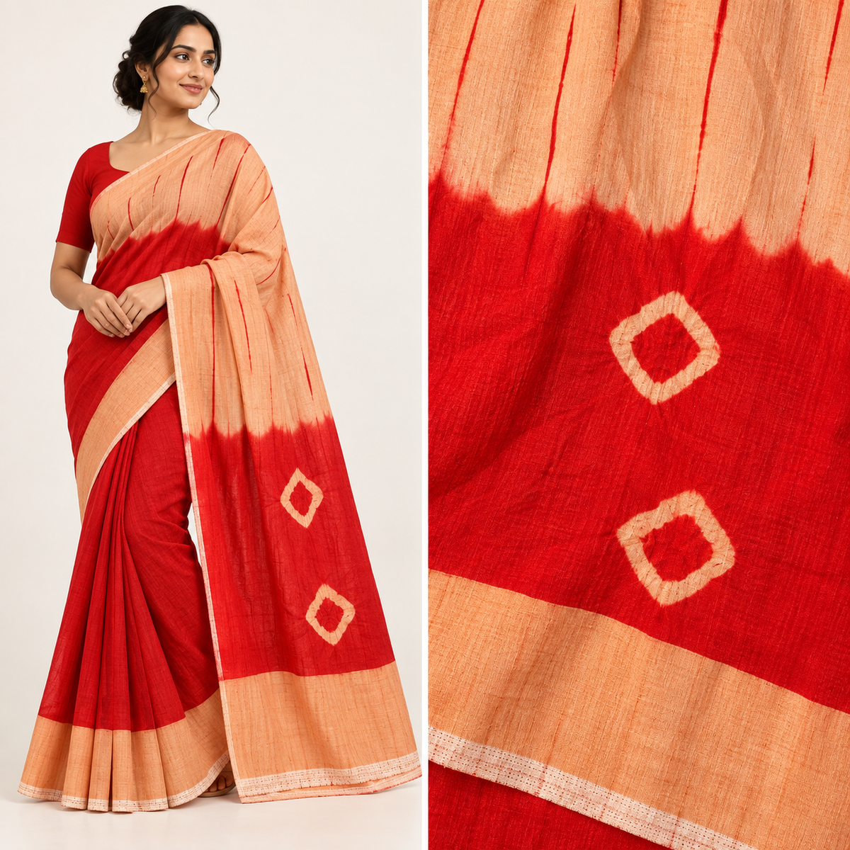 Red & Gold Handloom Silk Blend Saree with Unstitched Matching Blouse