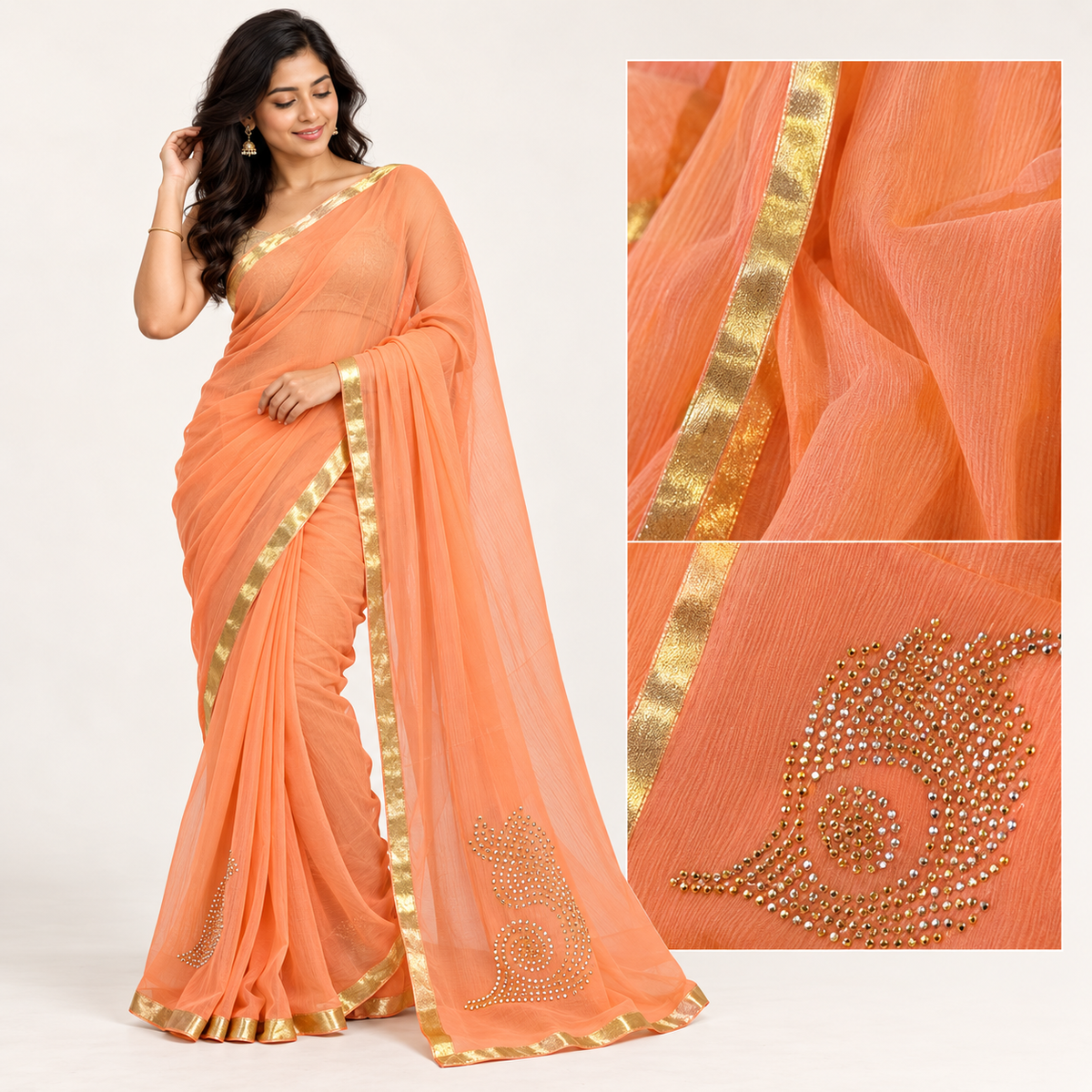 Elegant Peach Georgette Saree with Gold Embellishments