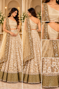 Champagne Gold Floral Embroidered Lehenga Choli with One-Shoulder Blouse & Dupatta