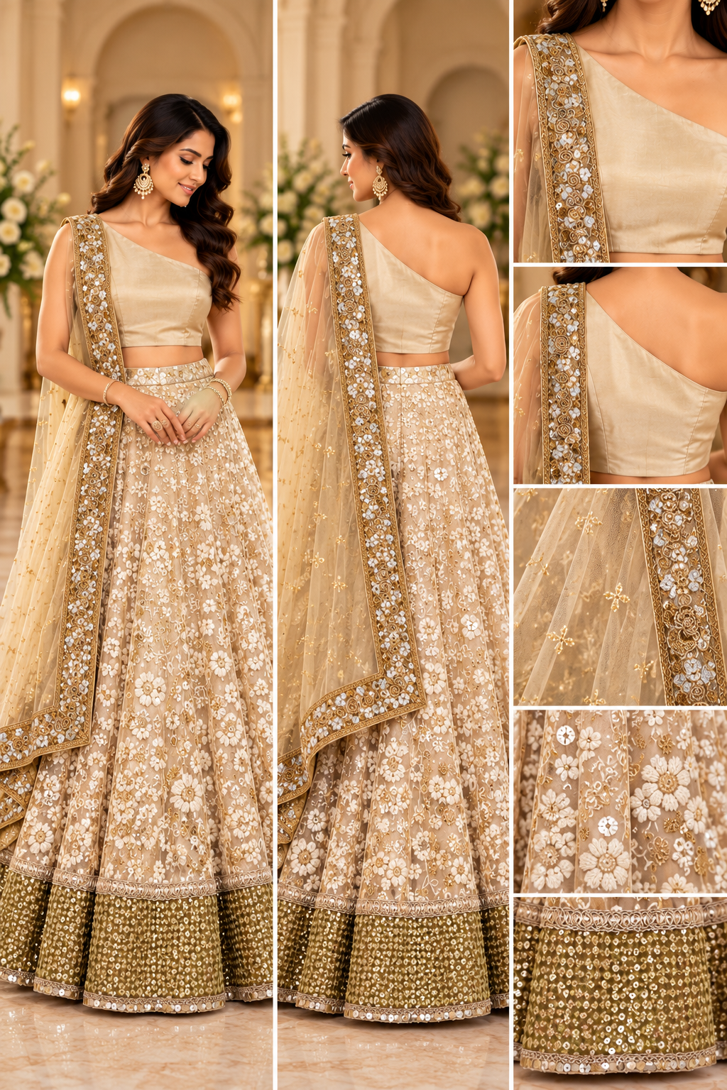 Champagne Gold Floral Embroidered Lehenga Choli with One-Shoulder Blouse & Dupatta