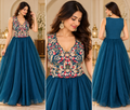 Elegant Teal Blue Lehenga with Floral Embroidered Sleeveless Blouse