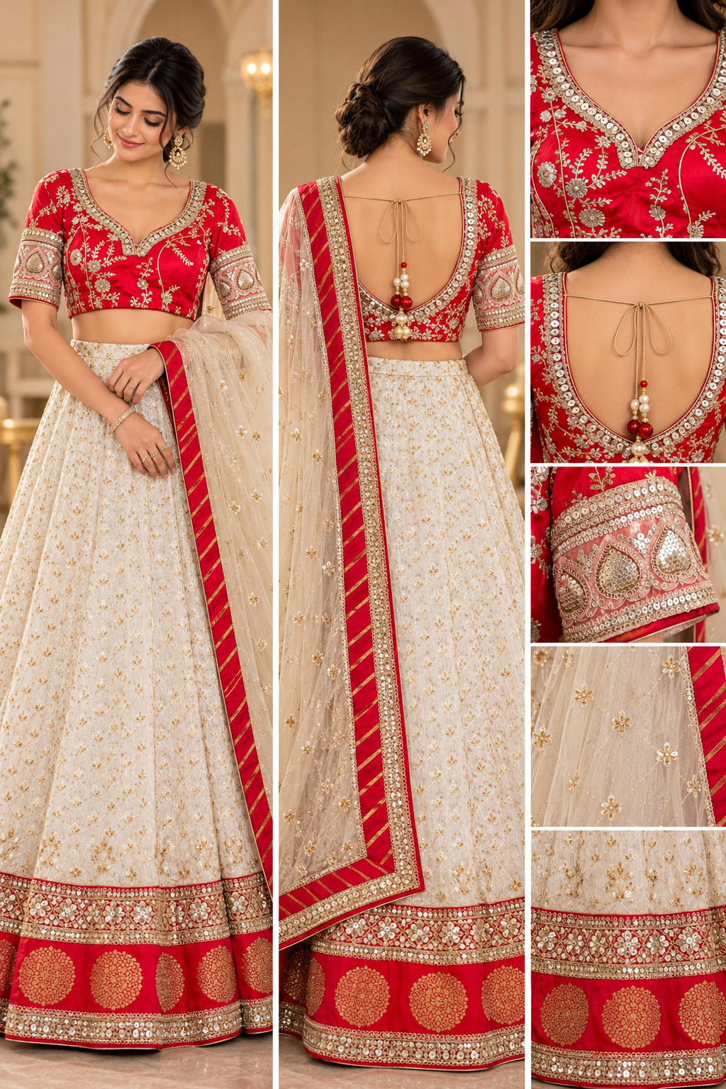 Elegant Ivory & Red Embroidered Lehenga Choli with Dupatta