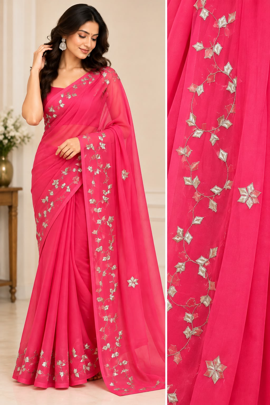Coral Pink Georgette Saree with Silver Gota Patti Work