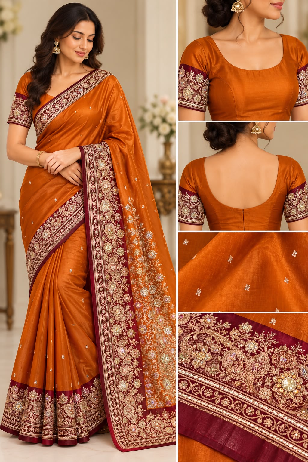Rust Orange Silk Saree with Maroon Embroidered Border