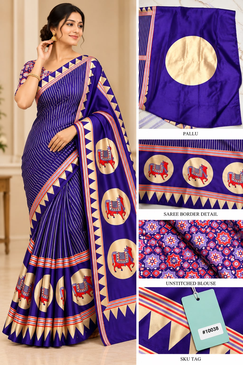 Royal Purple Silk Saree with Traditional Cow Motifs