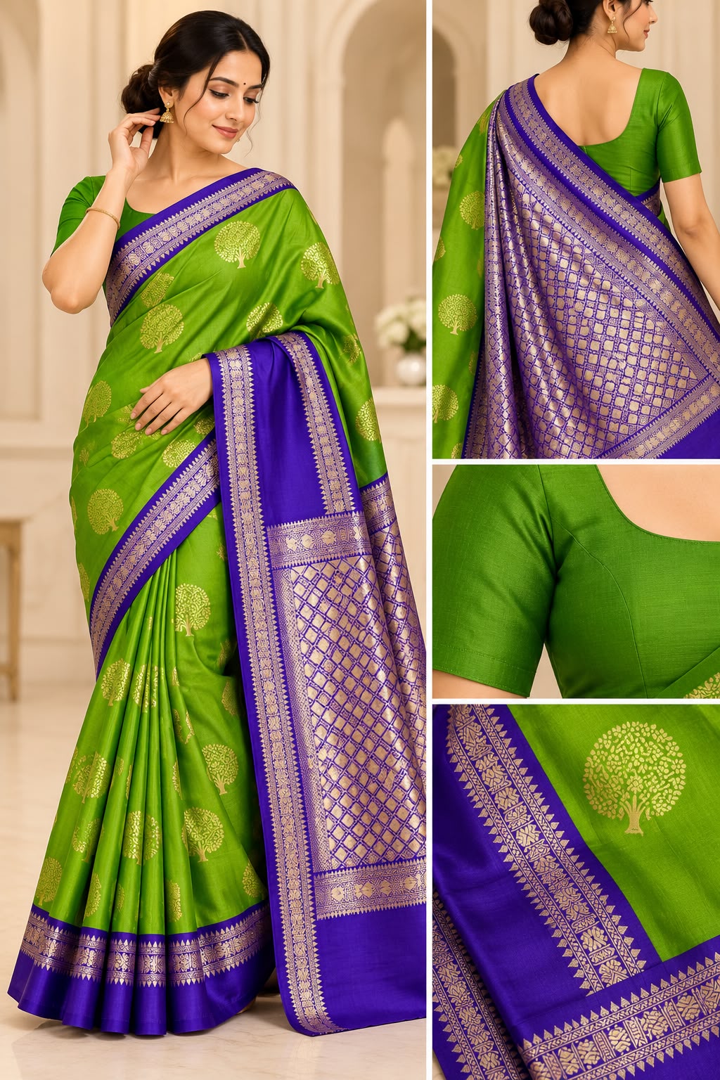 Green & Royal Purple Silk Saree with Gold Zari Work