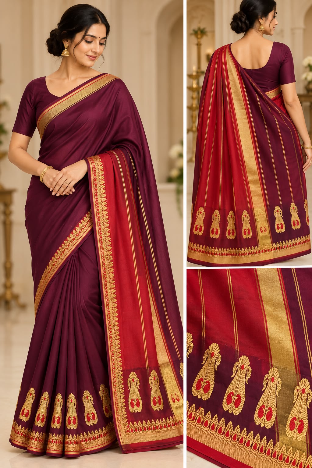 Deep Plum Silk Saree with Red & Gold Zari Pallu