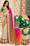 Ivory & Gold Embroidered Georgette Silk Blend Saree with Pink-Orange Ombré Pallu