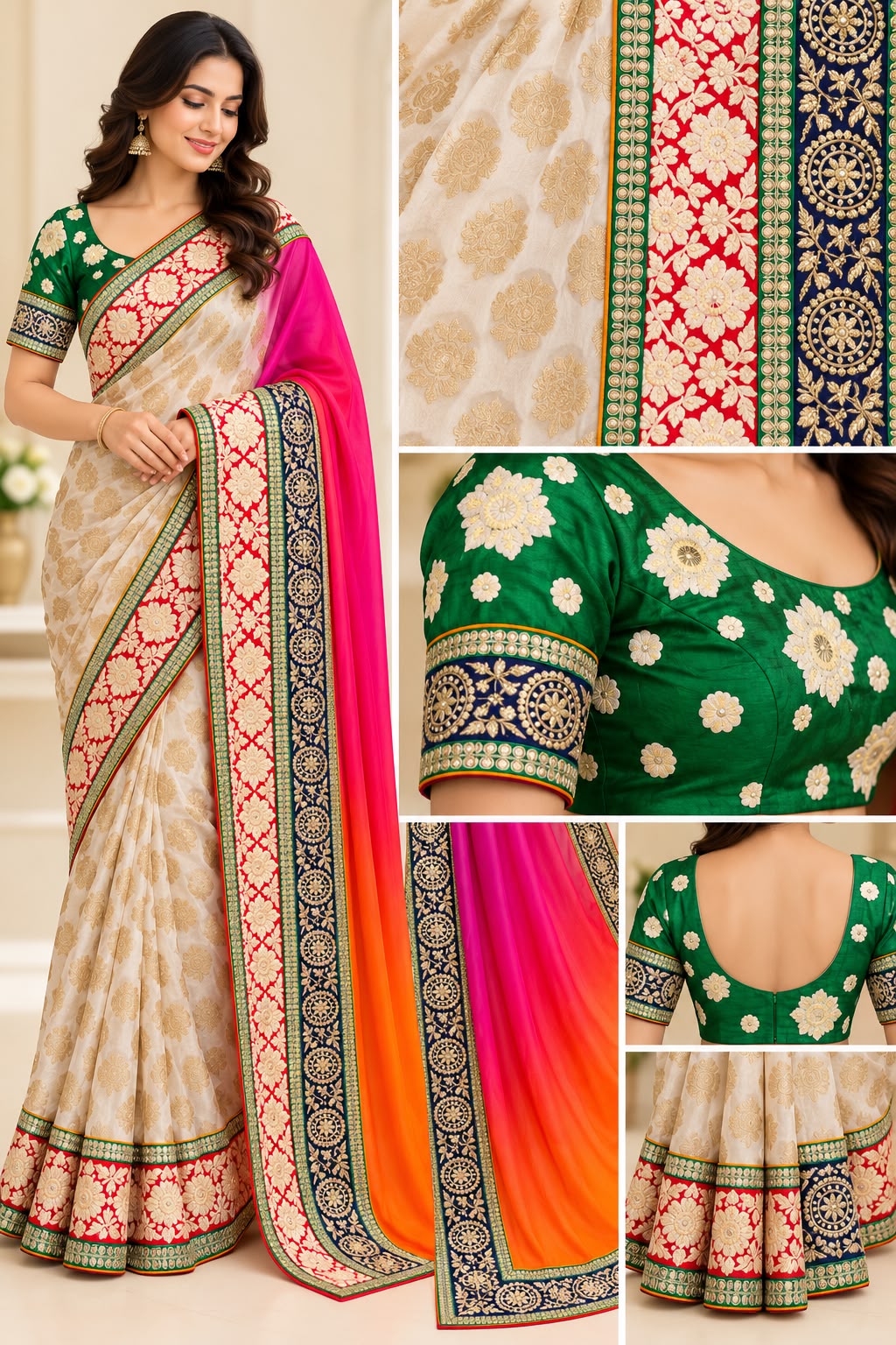 Ivory & Gold Embroidered Georgette Silk Blend Saree with Pink-Orange Ombré Pallu