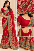 Red Heavy Embroidered Pre-Stitched Georgette Saree with Stitched Blouse
