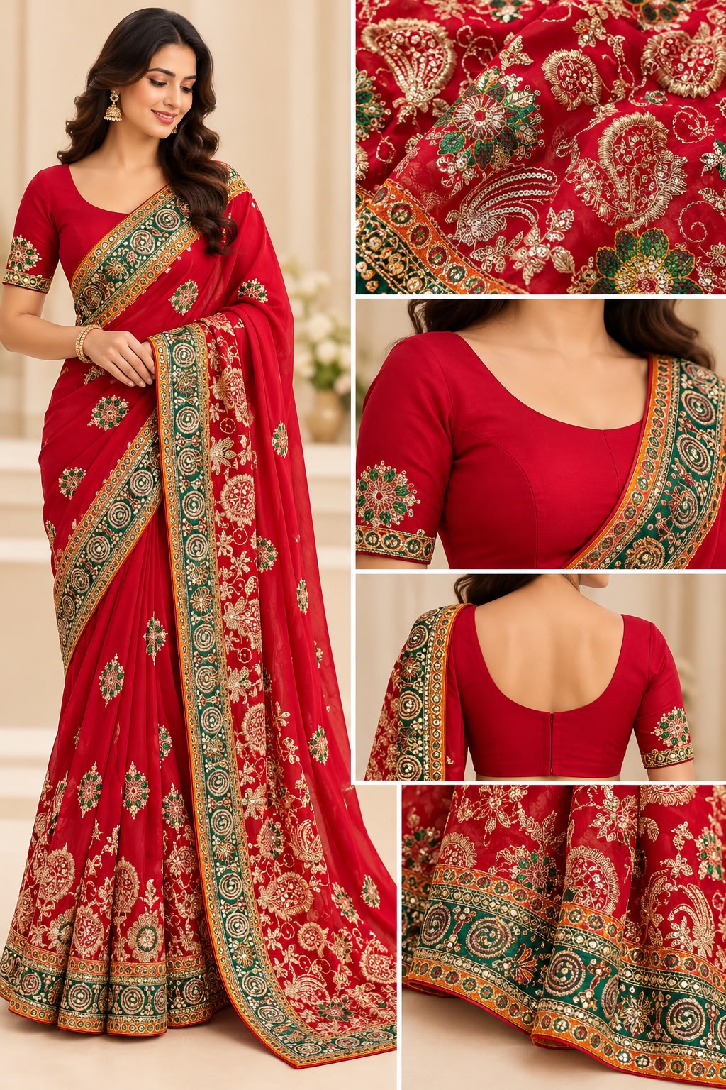 Red Heavy Embroidered Pre-Stitched Georgette Saree with Stitched Blouse