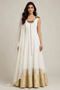 White Gold Zardozi Anarkali Set with Churidar