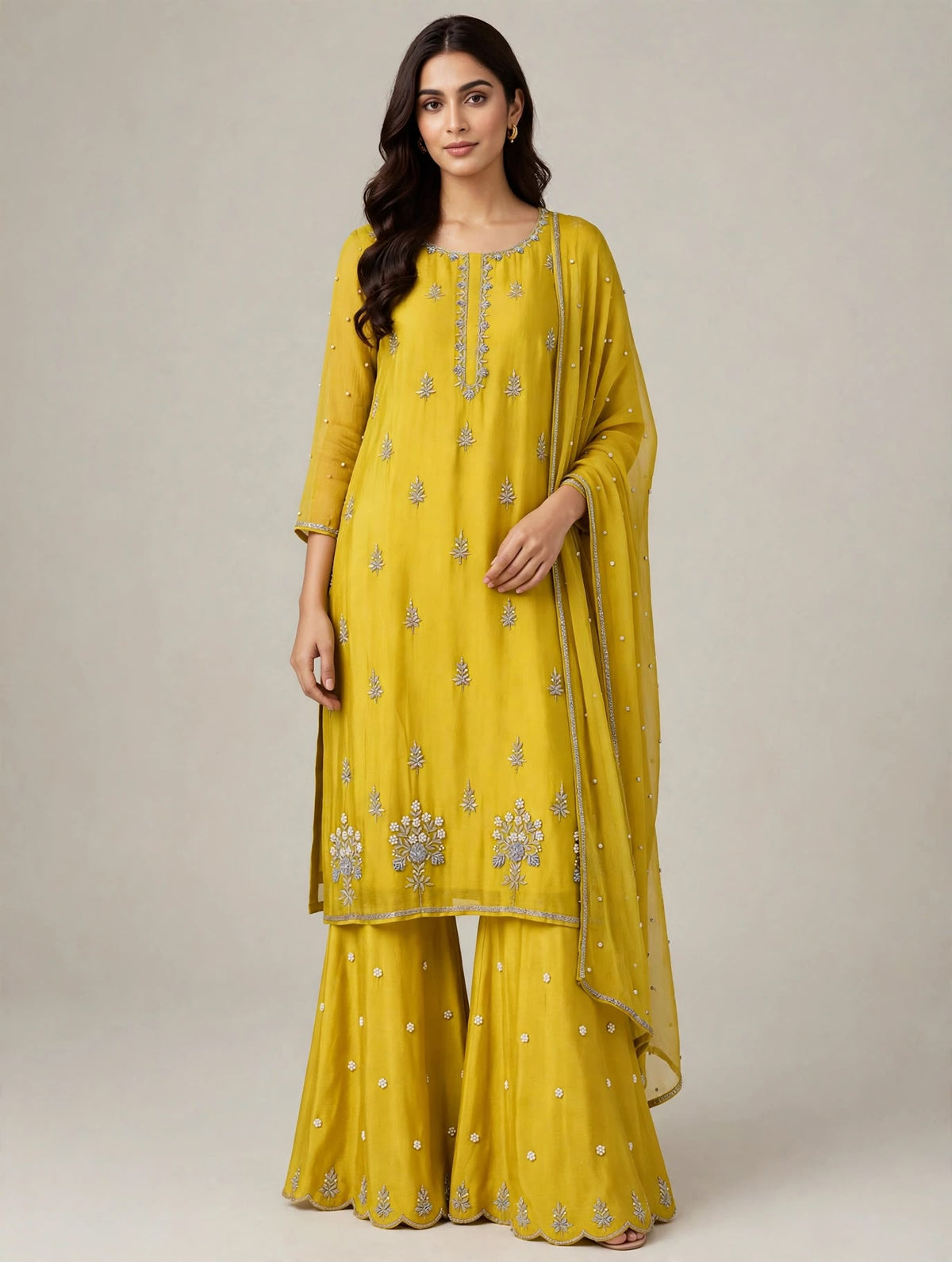 Yellow Pearl-Embroidered Kurta Sharara Set