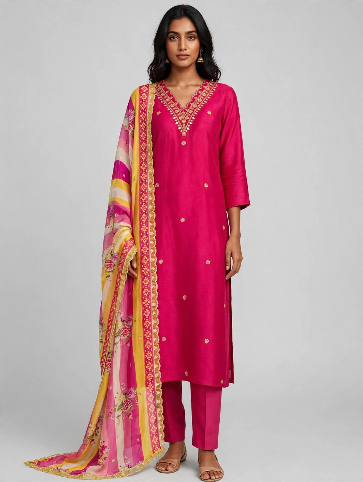 Pink Embroidered Kurta Set with Pants and Dupatta
