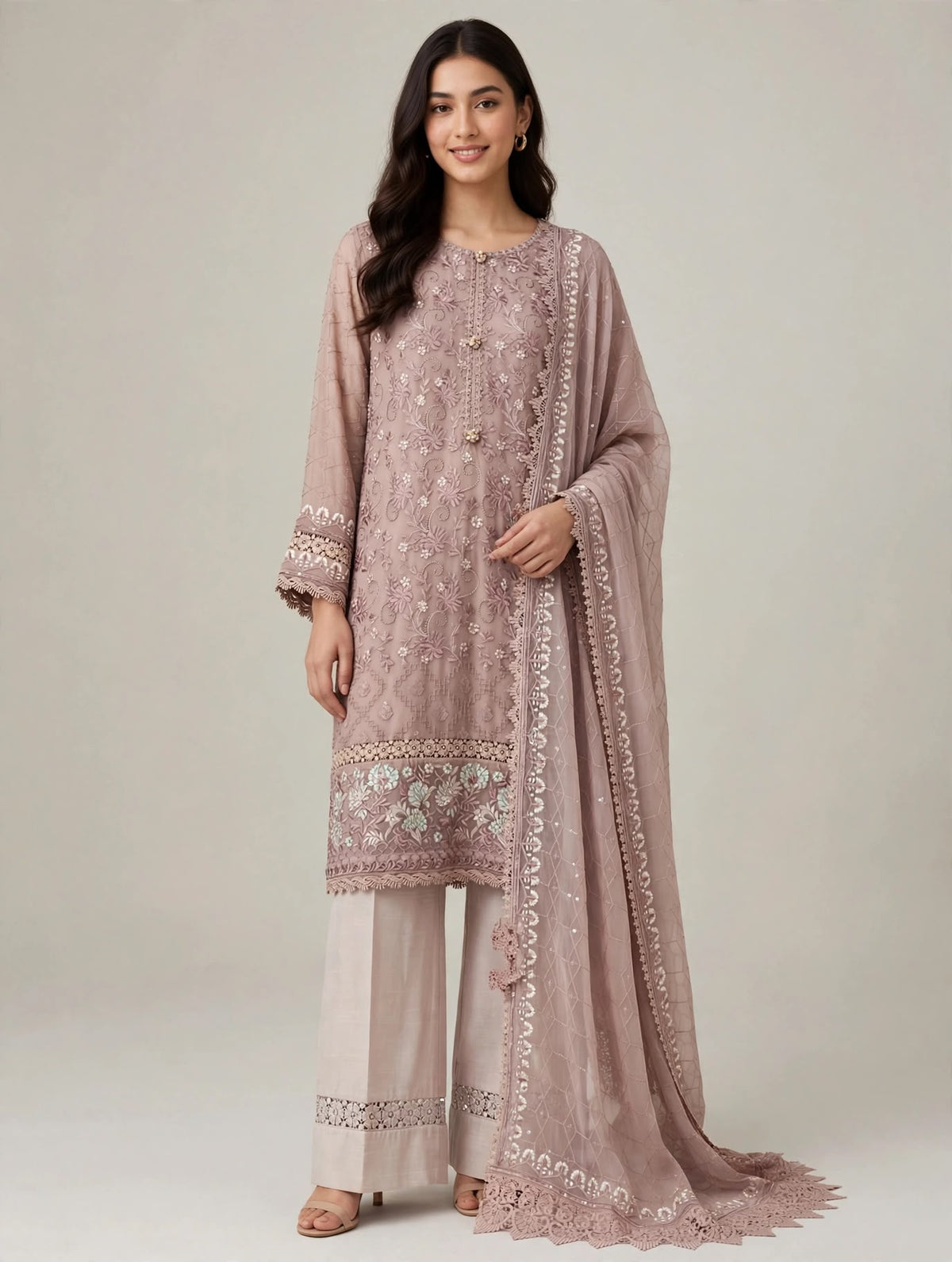 Light Purple Three-Piece Chikankari Suit