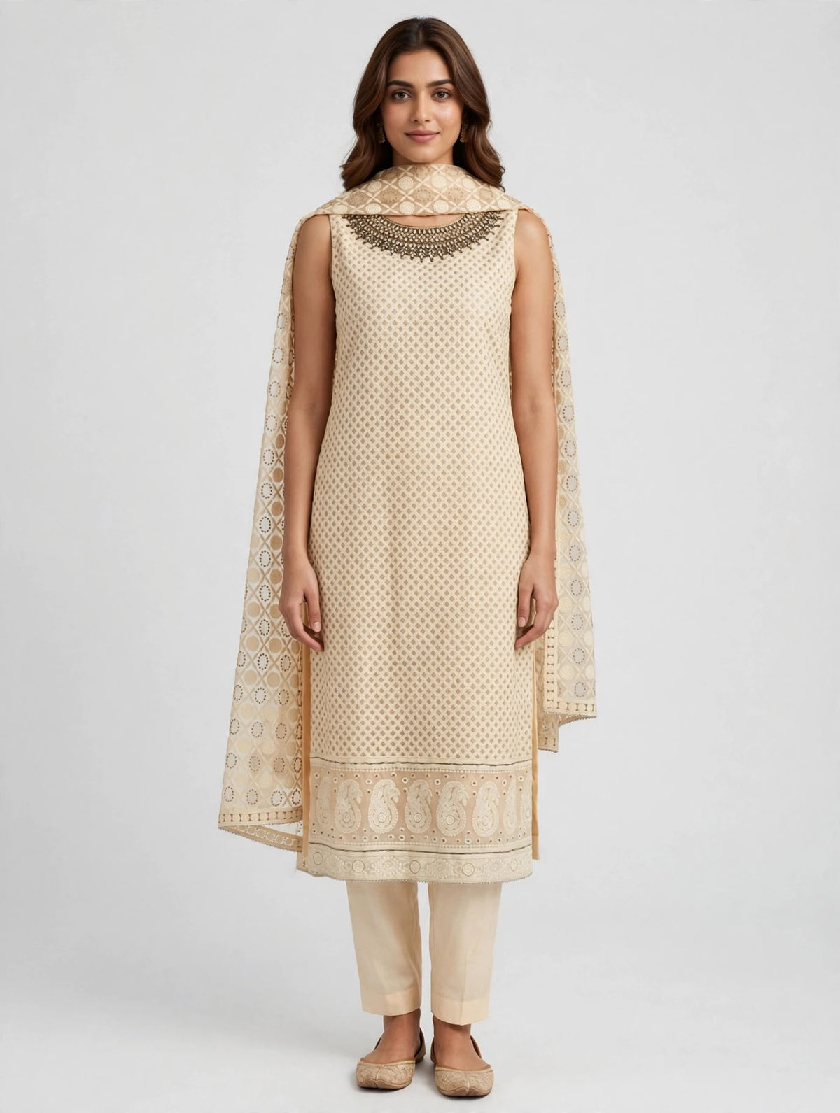 Cream Chikankari Three-Piece Suit