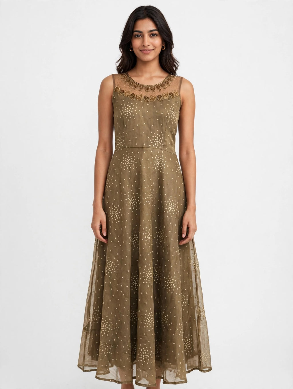One-piece Sleeveless Dress in Soft Olive, scattered with Gold Sequin Dots