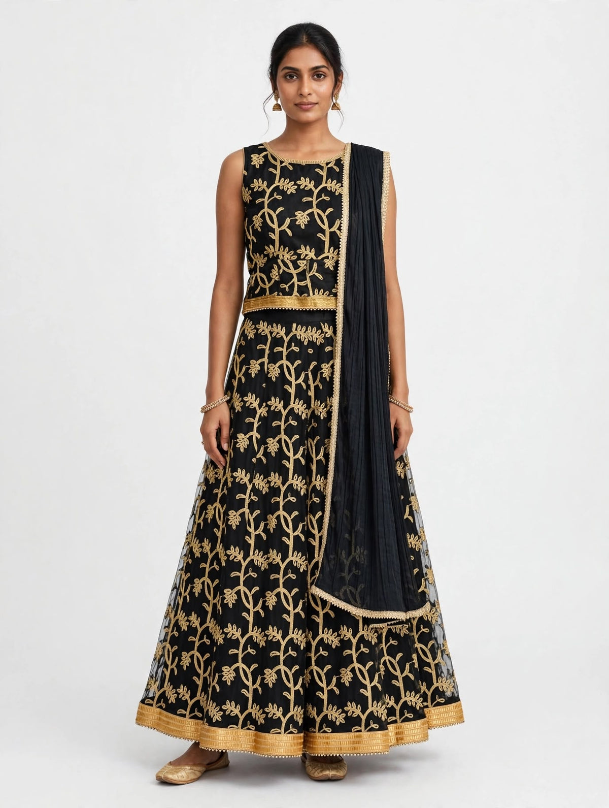 Deep Black Lehenga with all-over gold vine embroidery