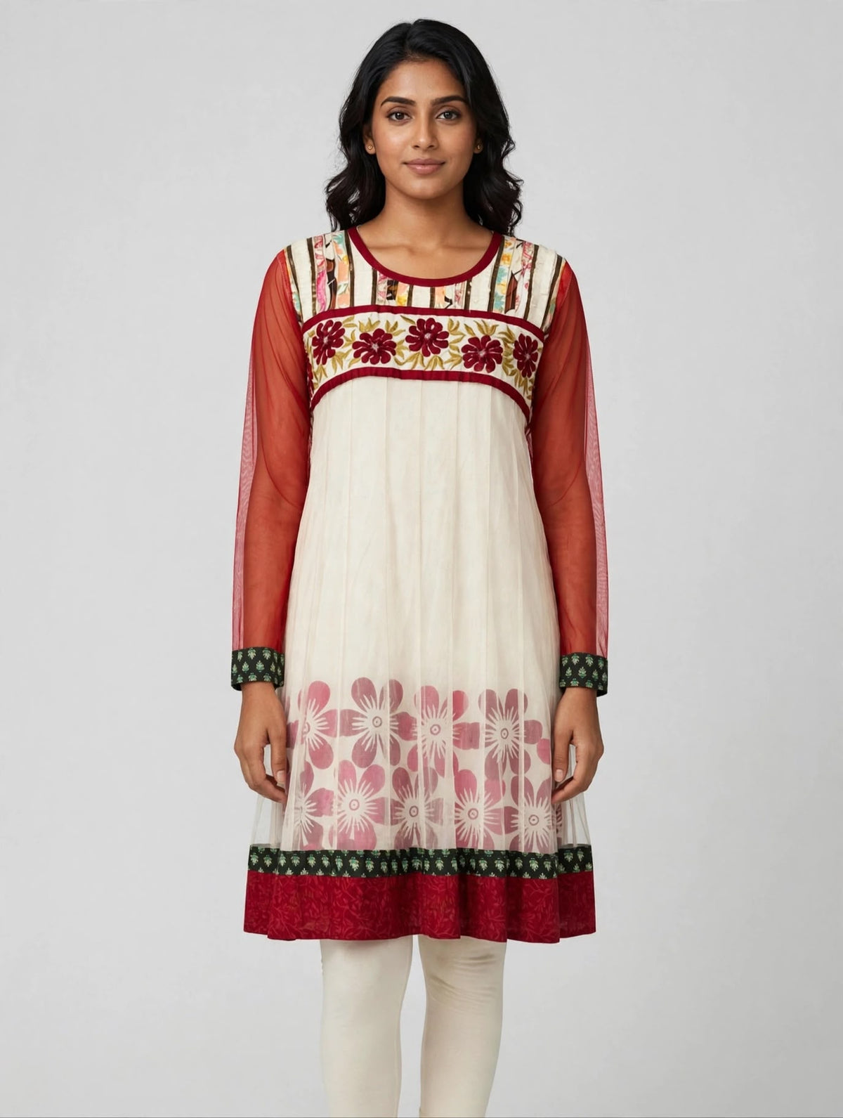 Cream Net and Cotton Kurti with Maroon Embroidery