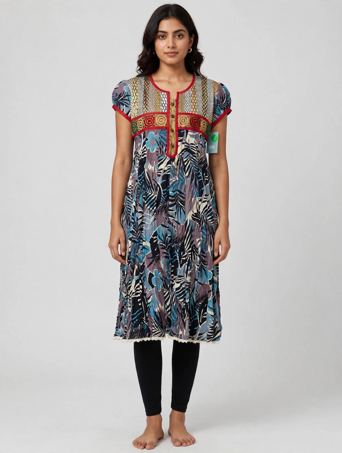Blue Tropical Leaf Cotton Kurti