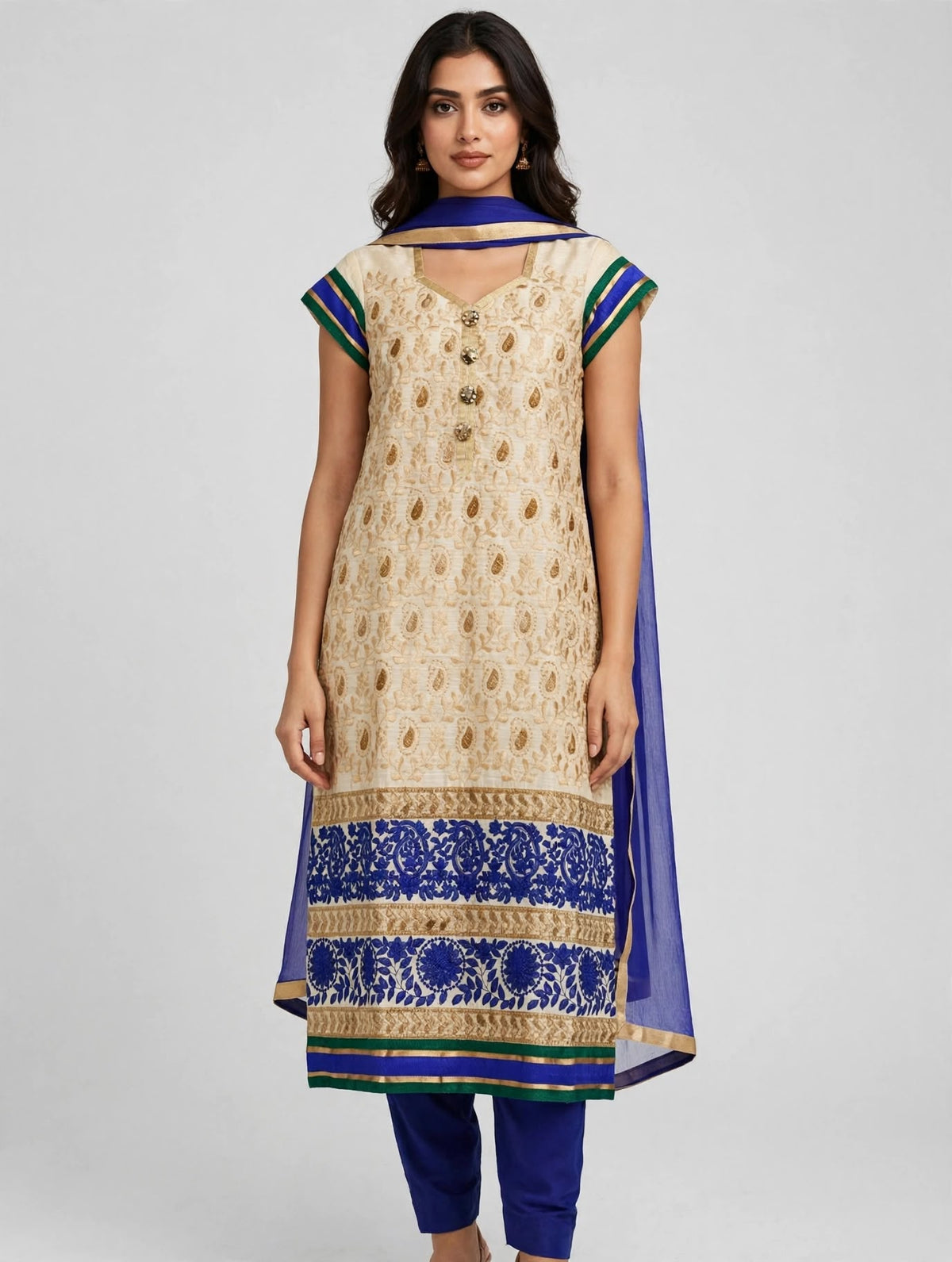 Cream and Royal Blue Silk Blend Three-Piece Suit