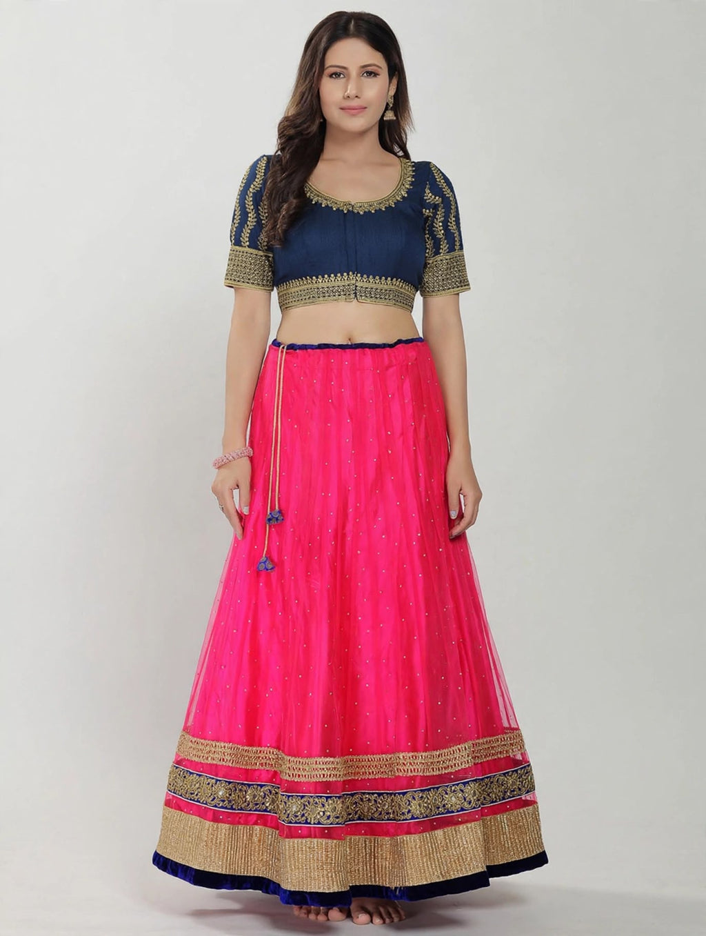 Bright Pink Net Skirt with Navy Trim