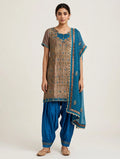 Taupe Embroidered Silk Suit with Blue Salwar
