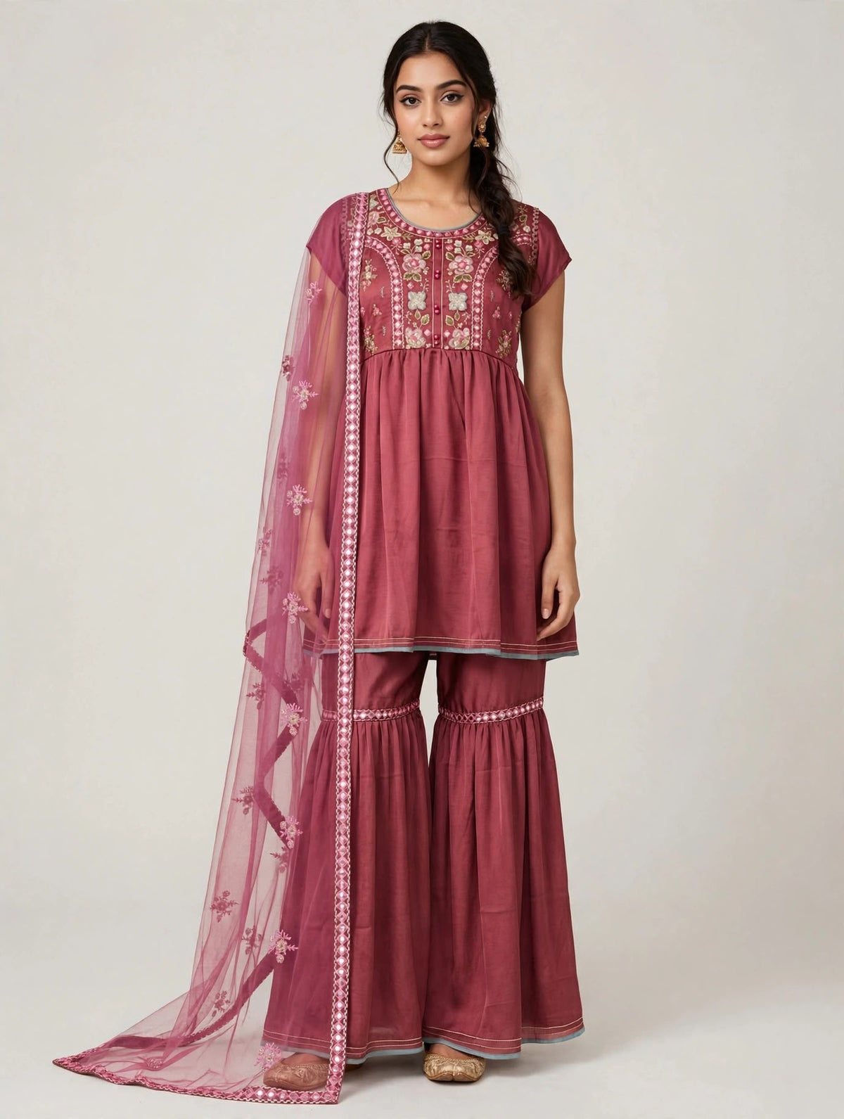 Frock style Three-Piece Suit with Sharara Pants