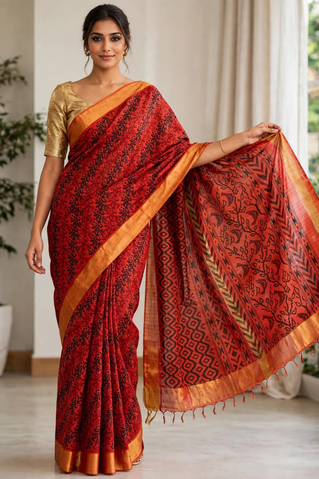 Red Cotton blend Saree with Ikat-Style Pallu
