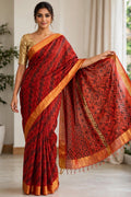 Red Cotton blend Saree with Ikat-Style Pallu