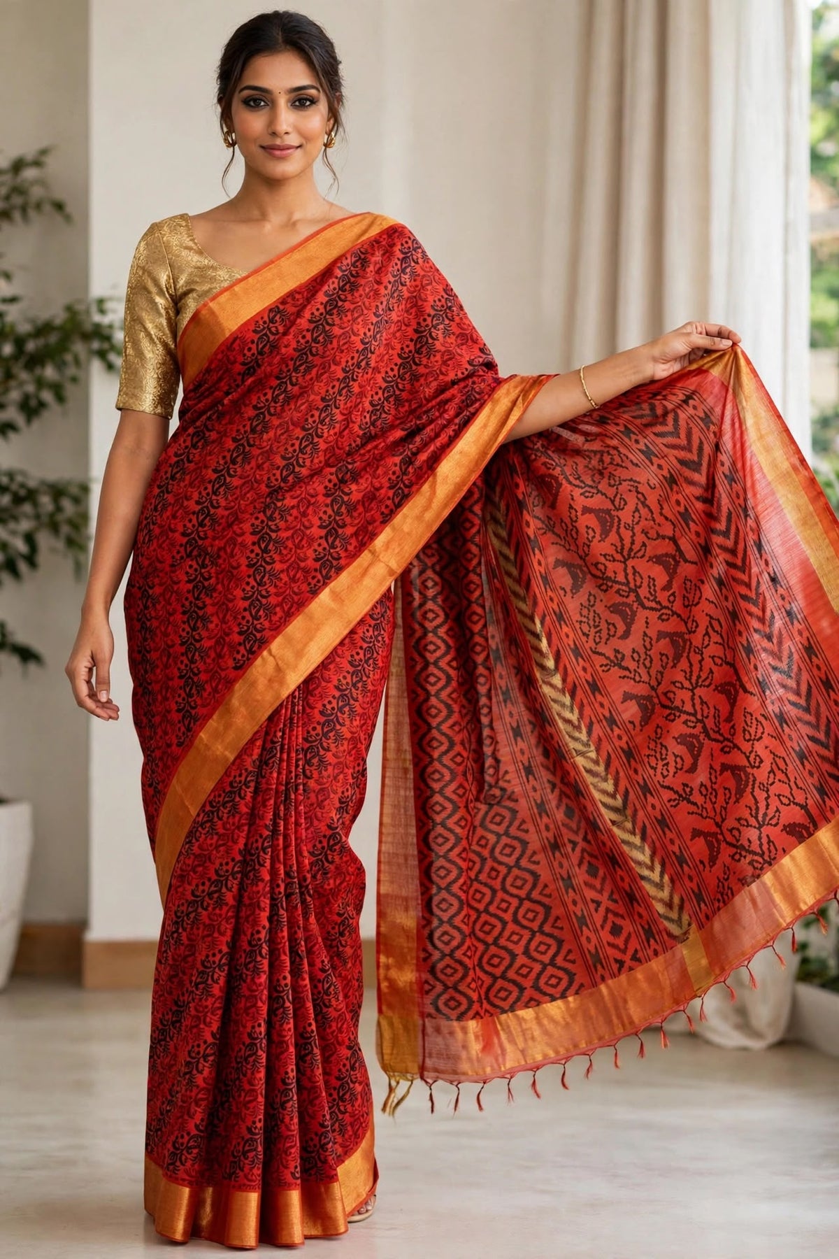 Red Cotton blend Saree with Ikat-Style Pallu