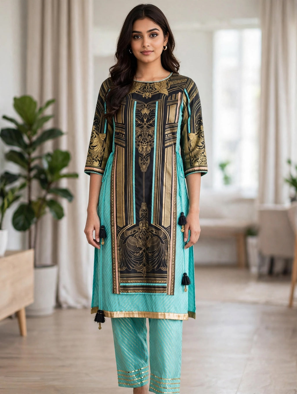 Black and Turquoise Two-Piece Suit with Gold Temple Print