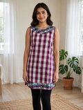 Purple Checkered Sleeveless Kurti with Embroidered Yoke