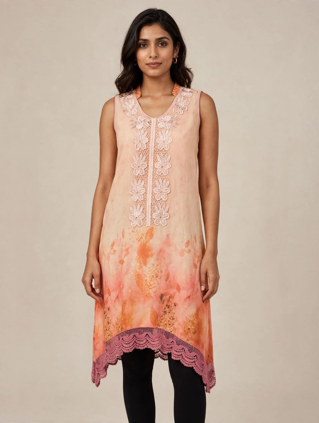 Peach Watercolor Sleeveless Kurti with Lace Yoke