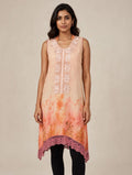 Peach Watercolor Sleeveless Kurti with Lace Yoke