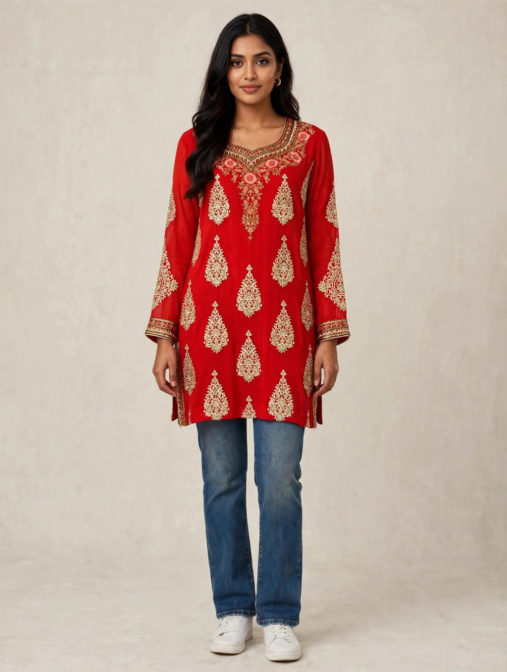 Red Embroidered Kurti with Gold Paisley Buttis