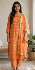 Orange Three-Piece Suit with Gold Butti Print