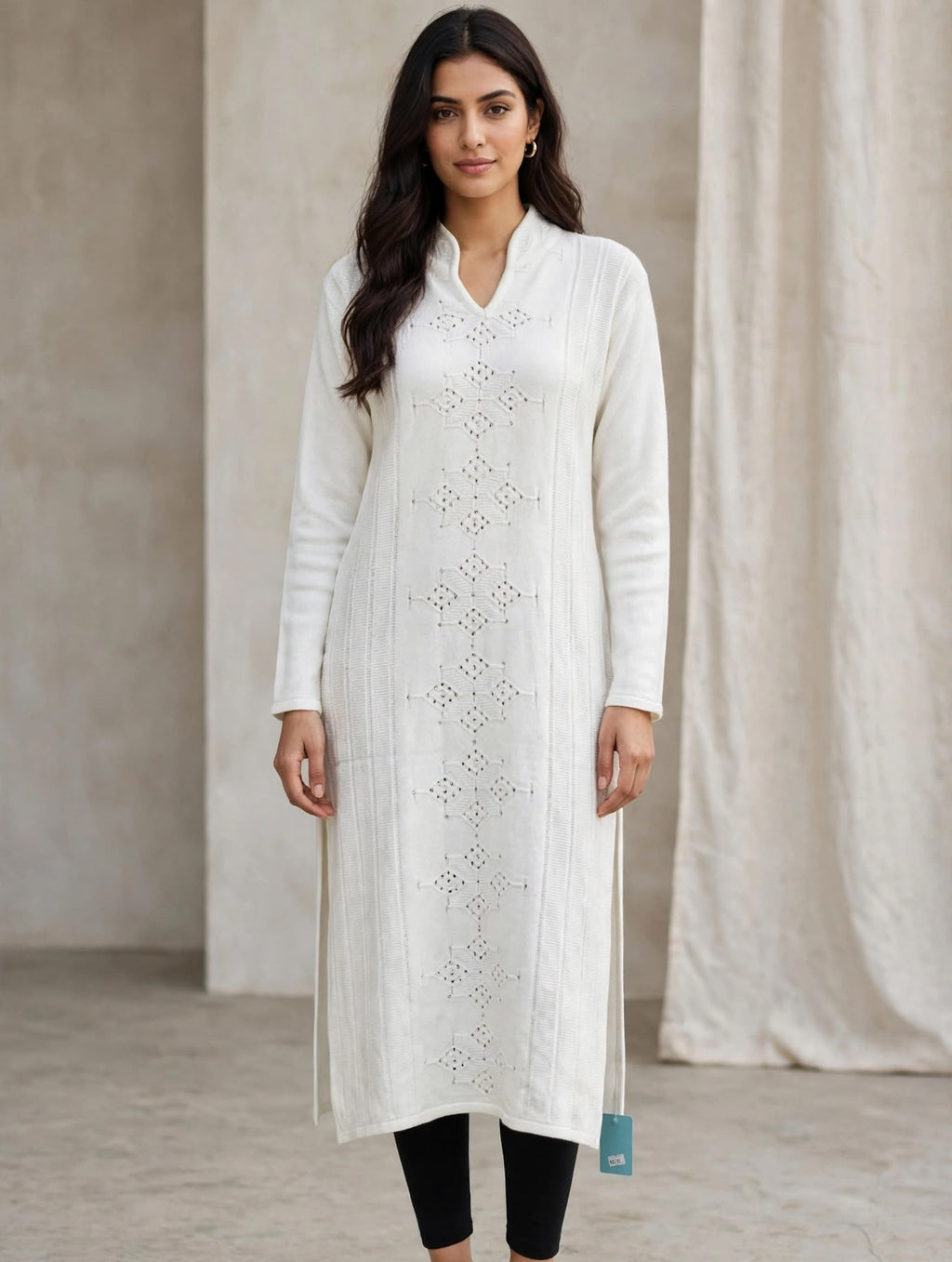 White Woolen Kurti with Self-Knit Diamond Motifs