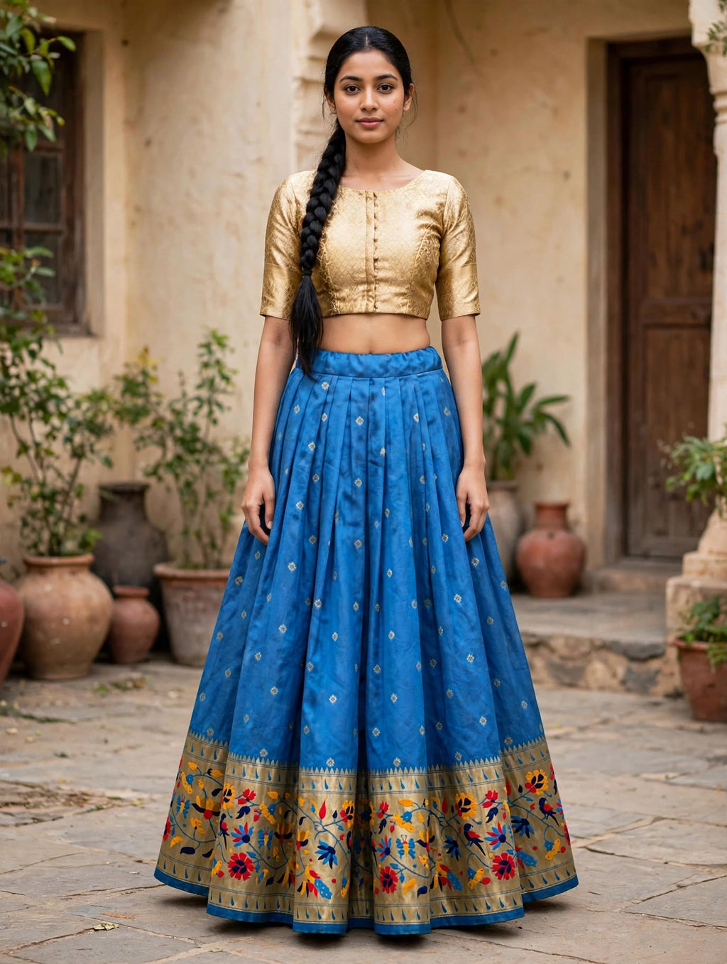 Blue Silk Paithani Skirt with Floral Bird Border