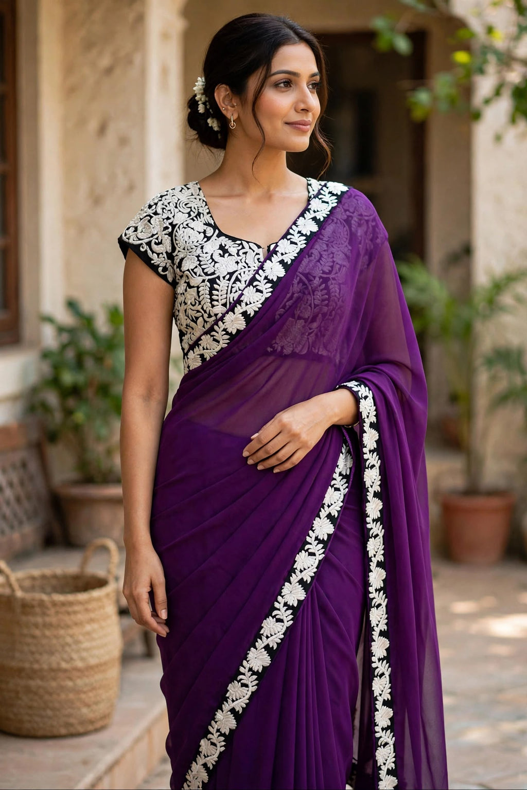 Purple Georgette Saree with Black Embroidered Blouse