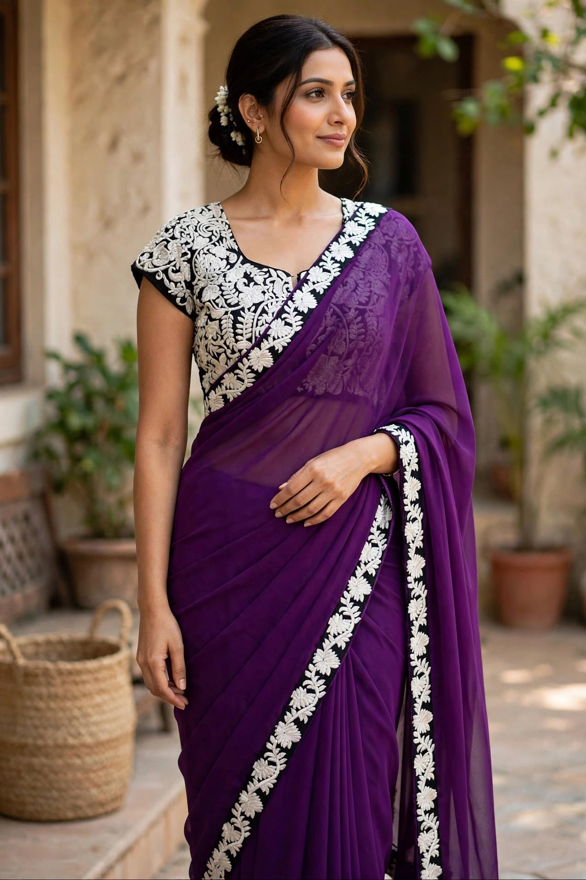 Purple Georgette Saree with Black Embroidered Blouse