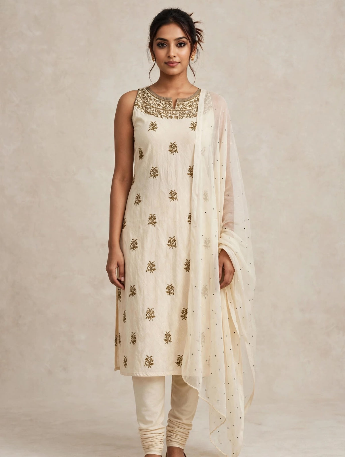 Cream Cotton Silk Blend Embroidered Three-Piece Suit