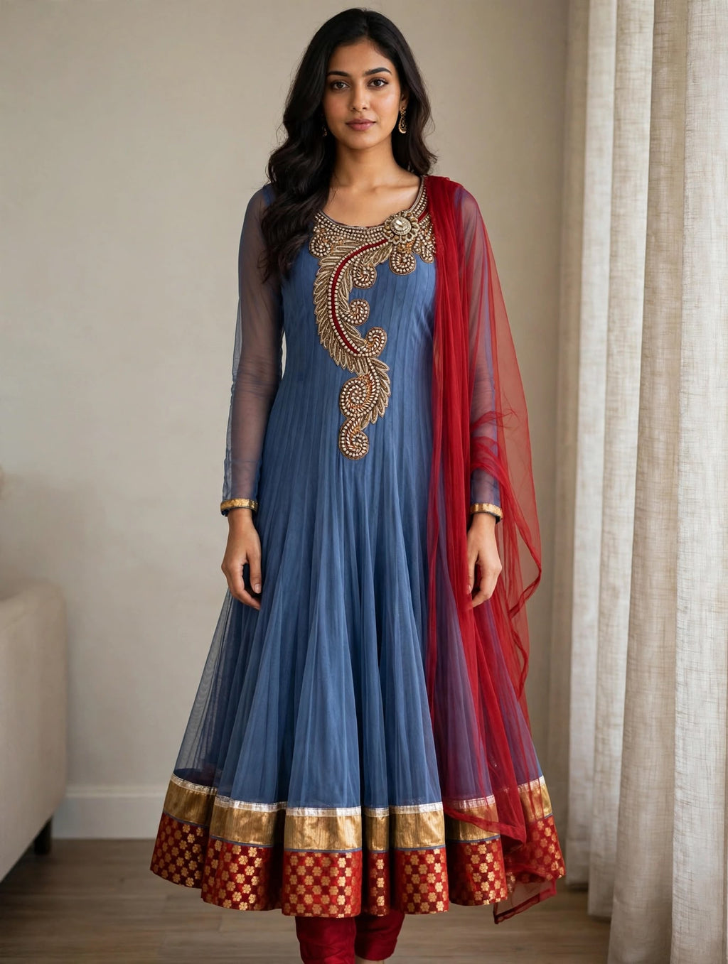 Blue Net Anarkali Three-Piece Suit with Embroidered Yoke