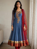 Blue Net Anarkali Three-Piece Suit with Embroidered Yoke